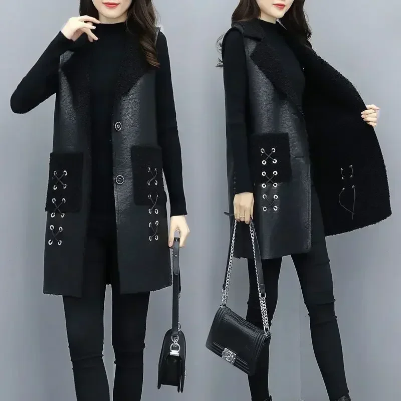 Winter wool Leather Vest Women\'s Clothing 2025 PU Jacket Korean Solid Sleeveless Vest Mid Long Coat Female Waistcoat Outerwear