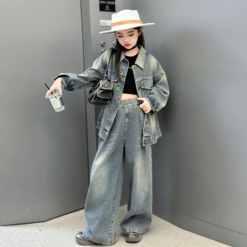 Teens Girl Luxury Clothing Jeans Pants and Jacket Set for Kids Casual 2 Pieces Retro Denim Suit Tweens Child Cool Clothes Outfit