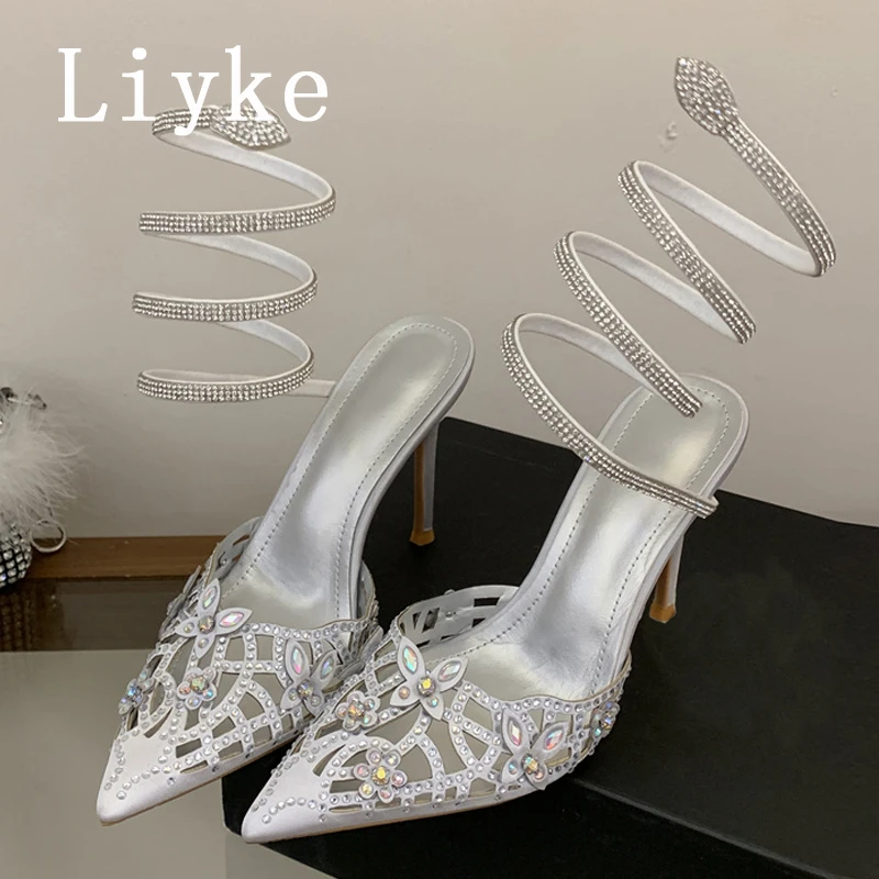Liyke Fashion Rhineston Heels Pumps Women Shiny Crystal Snake Shaped Winding Wedding Shoes Summer Pointed Toe Stiletto Sandalias
