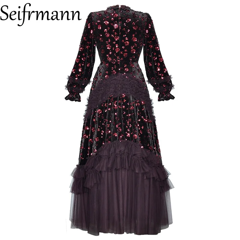Seifrmann 2026 printemps femmes nouvelle mode col rond à manches longues mousseux velours épissage maille taille cintrée robe