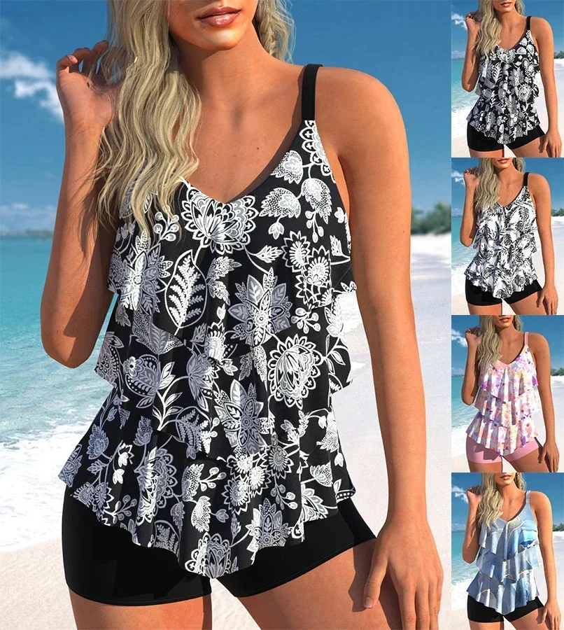 

New High-quality Summer Women's Swimsuit Fashionable Vacation Sexy Ruffled Top Shorts Two-piece Set S-6XL