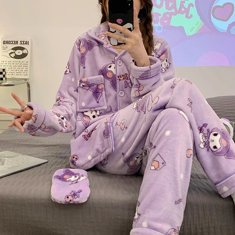 Sanrio Hello Kitty Winter Cotton Coral Fleece Thickened Women\'s Pajamas Women\'s Flannel Cartoon Warm Casual Homewear Set