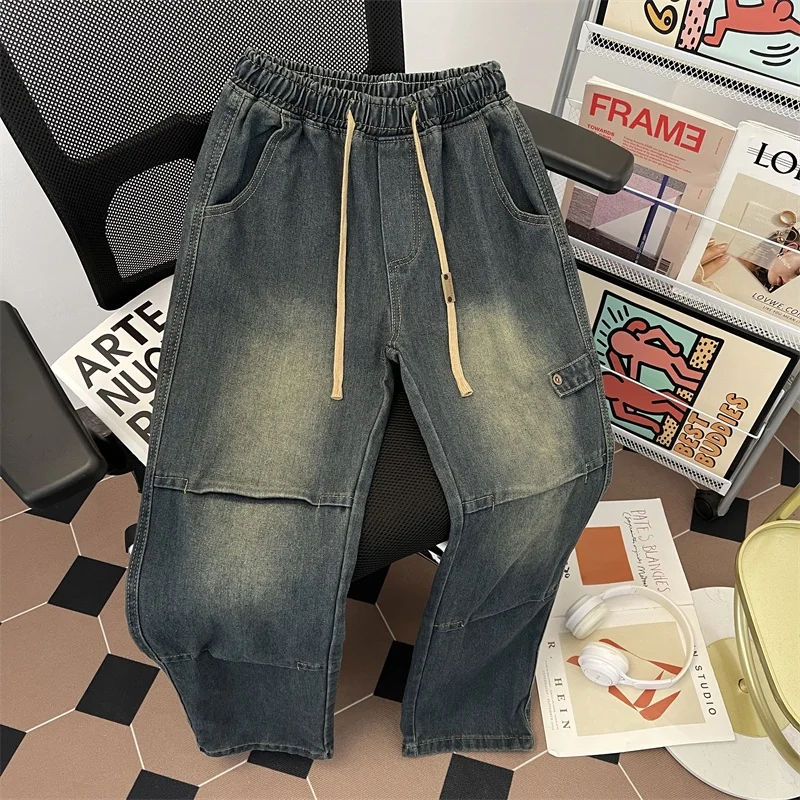 

Мужские джинсы в стиле ретро, американский дизайн, повседневные прямые брюки со складками, свободный крой, летние длинные брюки