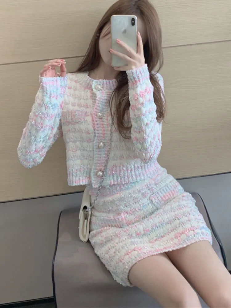 Women Two Piece Set Sweet Multicolor Knitted Cardigan Cropped Tops Sweaters + Mini Bodycon Skirts Suits Female Fashion Outfits