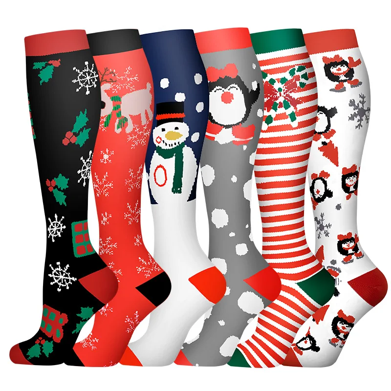 

6 Pairs Compression Socks Christmas Halloween 20-30mmhg Varicose Vein Socks Nurses Medical Running Cycling Socks Snowman Elk New