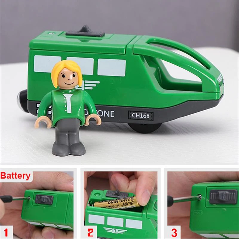 Magnetischer elektrischer Zug mit kleiner Puppe, Druckguss-Schlitz, Spielzeugeisenbahn, Holzschiene, kompatible Lokomotive, elektrischer Schienenzug für Kinder