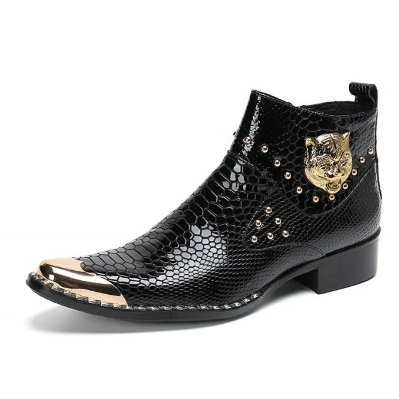 Botas de cuero genuino para hombre, zapatos hechos a mano con punta de Metal dorado, estilo Punk, para motocicleta