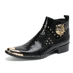 Botas artesanais de motocicleta para homens, sapatos de metal dourado, estilo punk, couro genuíno, cavalheiros