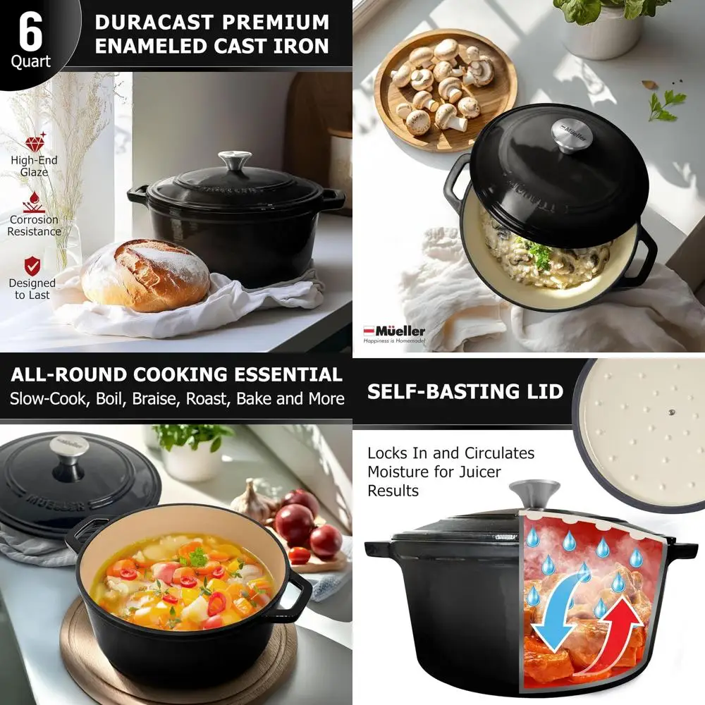 

6-Quart Enamel-Coated Cast Iron Dutch Oven, Heavy-Duty, Oven-Safe to 500°F, Suitable for All Cooktops, Casserole Dish with Lid a