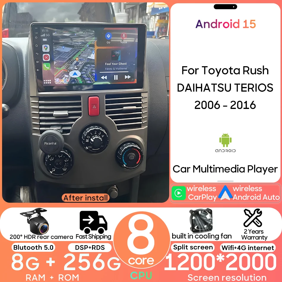 

Android 15 для Toyota Rush 2006-2016 Автомобильный радиоприемник Мультимедийный видеоплеер Головное устройство DSP GPS Беспроводной CarPlay Авто Wi-Fi Без 2din