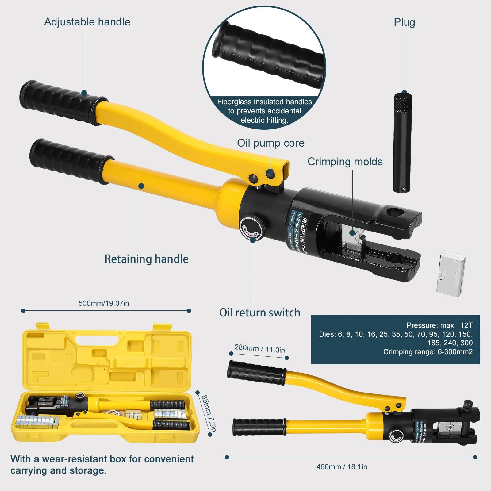 Hydraulic Crimping Plier with Dies Manual Hydraulic Hose Crimping Tool Set Copper Aluminum Cable Terminal Cold Pressing Tools