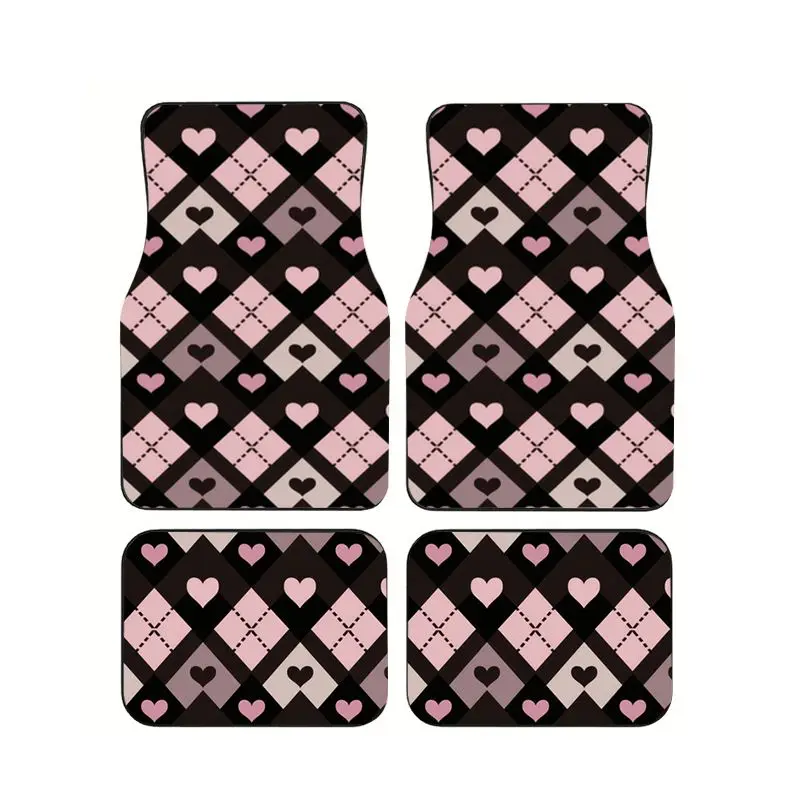 

4pcs Black Pink Love Plaid Print Car Floor Mat Universal Non-Slip Washable Auto Floor Carpets Set Interior Accessories For SUVs