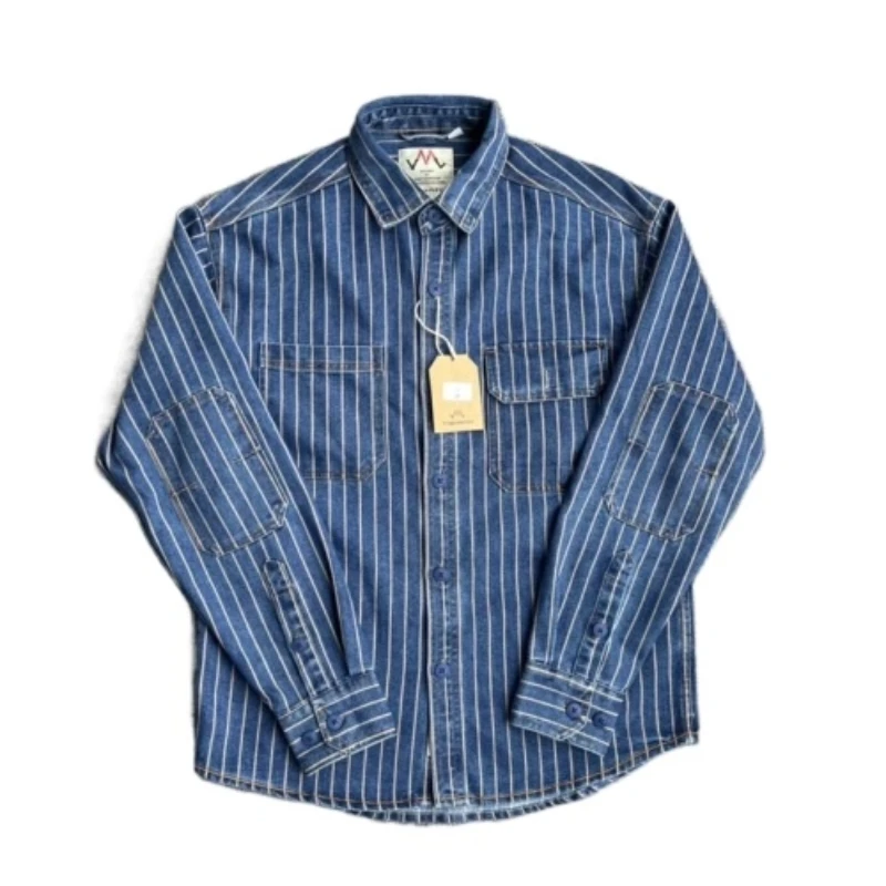 American Retro Heavyweight Denim Cargo Striped Shirt Men's Fashion 100% Cotton Washed Old Casual Blouses Thin Jacket
