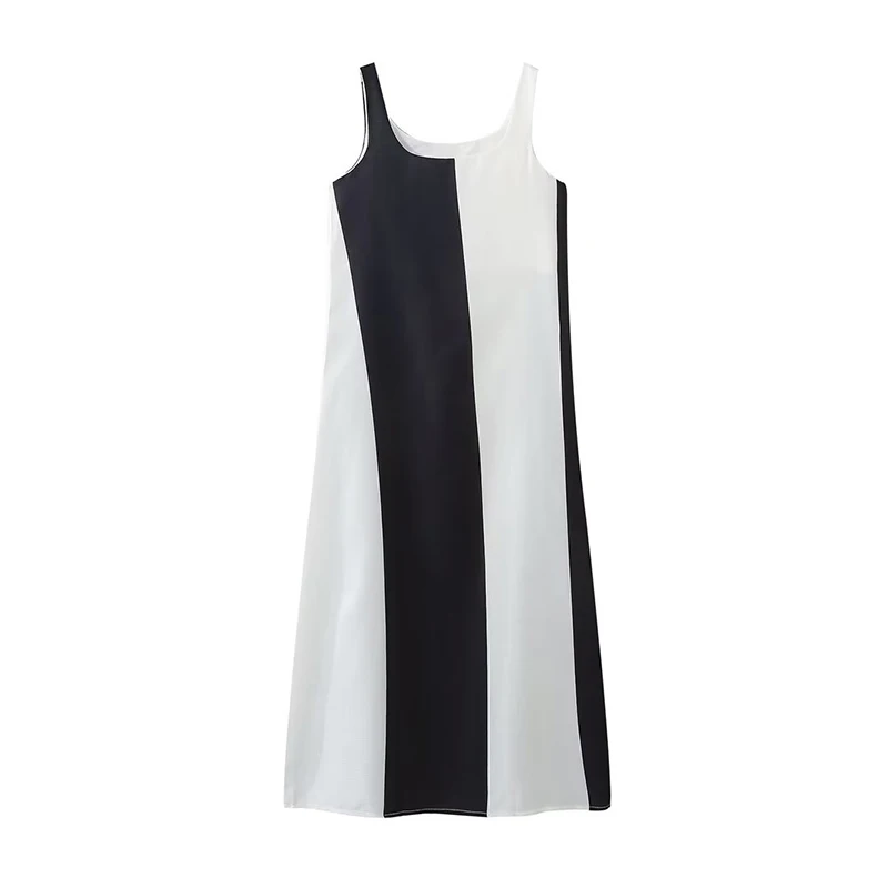 

Summer Women O Neck Sleeveless Contrast Color Sling Long Dress Holiday Vestidos
