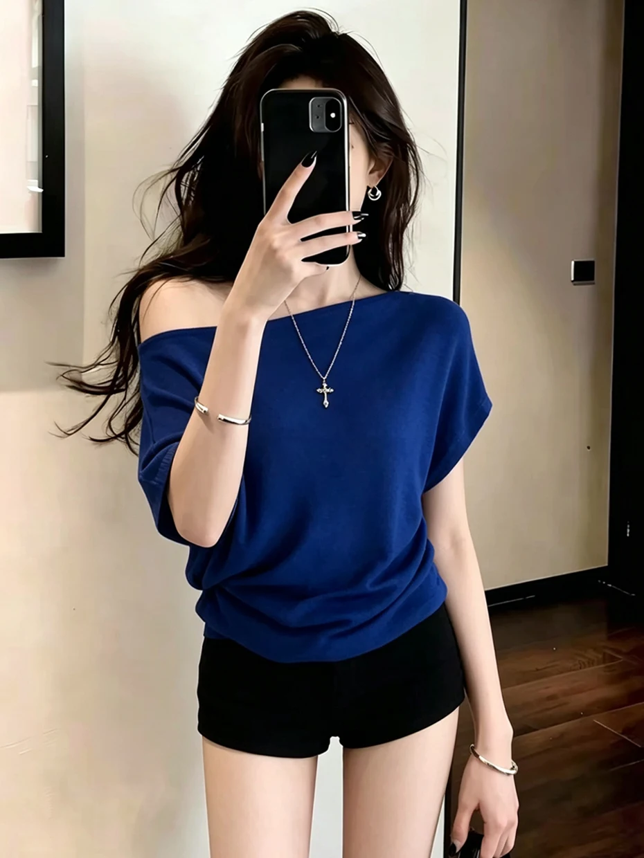 Klein Blue Shoulder Bared Short Sleeve T-Shirt Women's Summer Unique Beautiful Slim Fit Short Style Top Korean Version Casual...