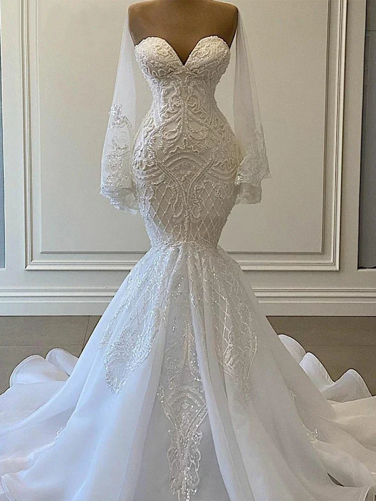 Vintage Sweetheart Mermaid White Lace Luxury Arabic Wedding Dress 2023 Luxury Beaded Women Bridal Wedding Gowns