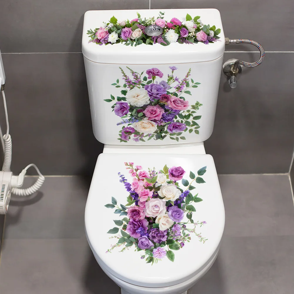 Purple Pink Rose Flower Toilet Wall Decals Floral Bathroom Stickers Waterproof for Toilet Lid Tank Decor