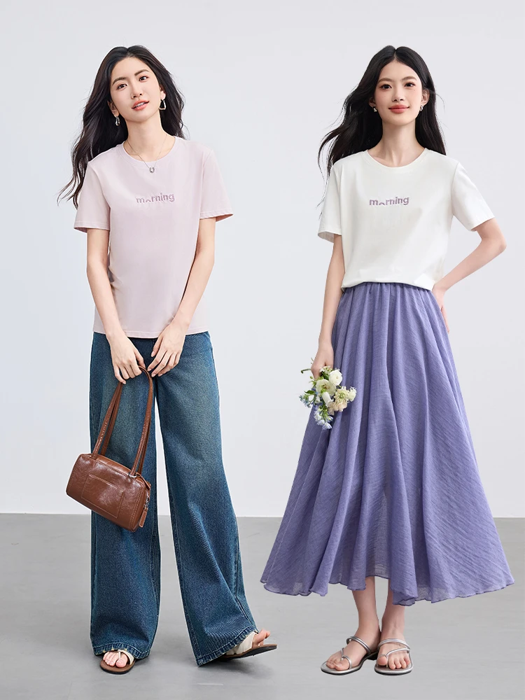 

SENTUBILA Short Sleeve Tee 2025 New Collection Cotton Woman T-shirts Simple Casual Women's Tops Summer Ladies Clothing 152TB1752