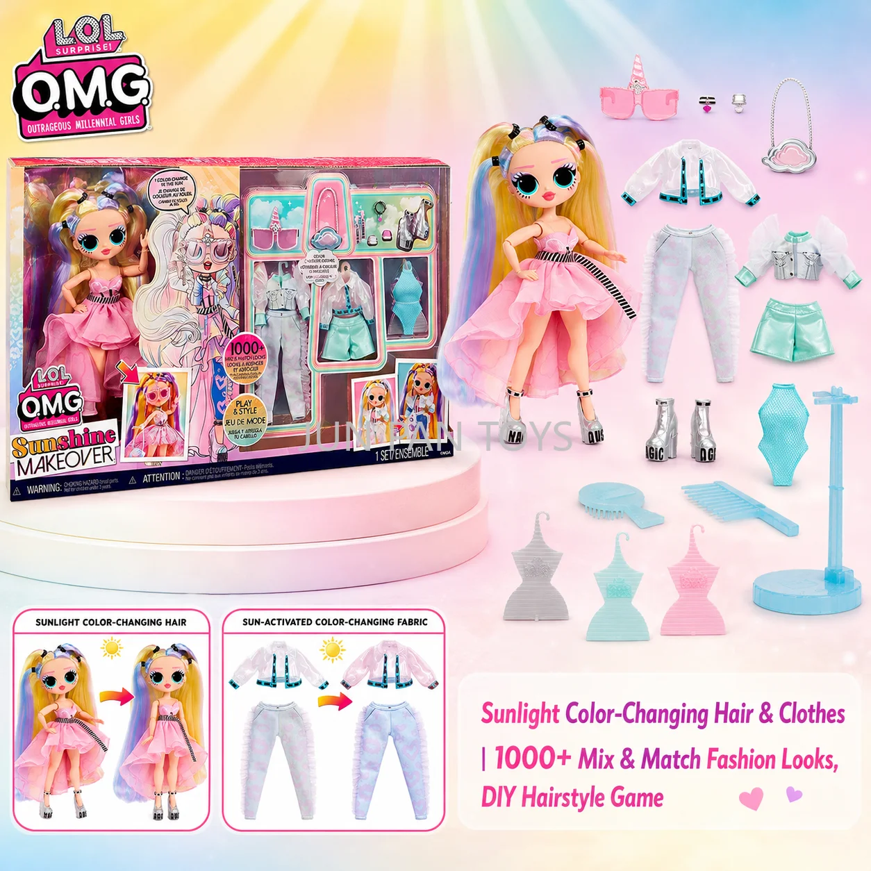 Muñeca LOL Surprise OMG Sunshine Makeover Stellar Gurl Original, Ropa que Cambia de Color con Luz UV, Cabello DIY, Juguete para Niñas, Regalo 589464