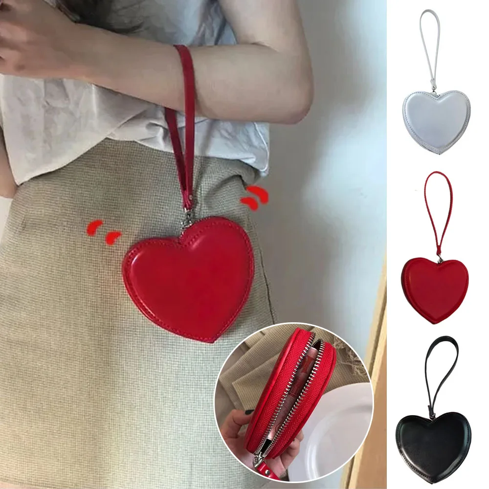 PU Leather Zipper Red Heart Shape Women Wallets Female Portable Solid Coin Purse With Hand Strap Korean Fashion Girls Wrist Bag