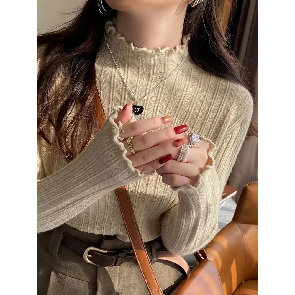 

New Women's Autumn Winter Color Ruffled Semi-Turtlene Sweater Clean Fit Thiened Fake Two-Piece Sle Online And In-Store ...