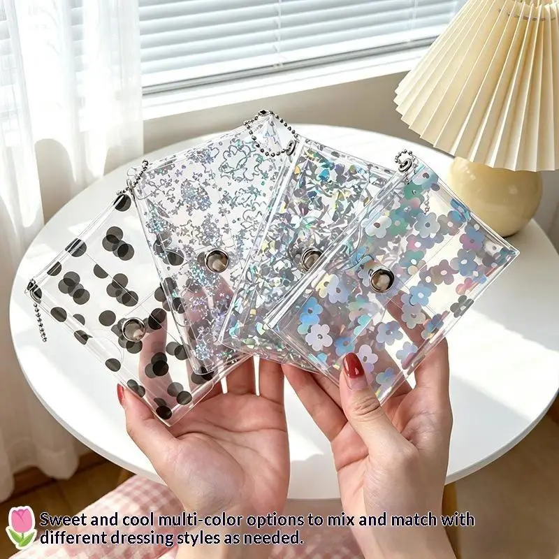 Clear Star Glitter PVC Card Holder Large Opening Mini Snap Coin Purse with Bead Keyring for Small Accessories Storage