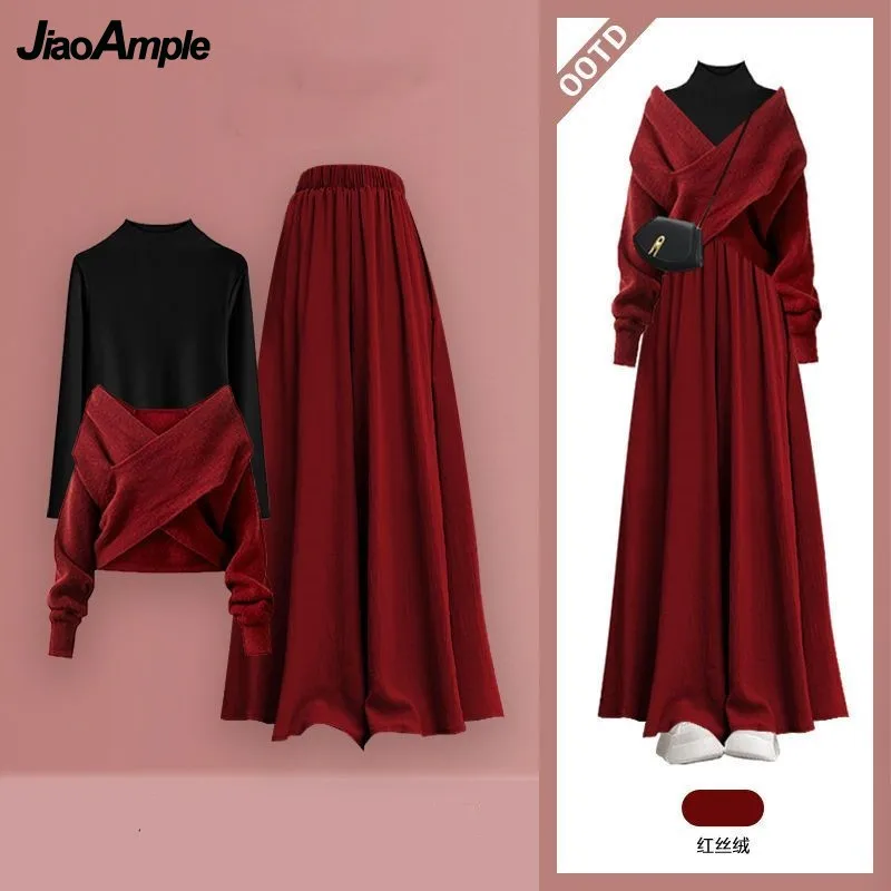 

2025 Зимнее рождественское и новогоднее платье, нежный красный свитер, внутренняя часть, универсальные юбки и брюки, комплект из 3 предметов