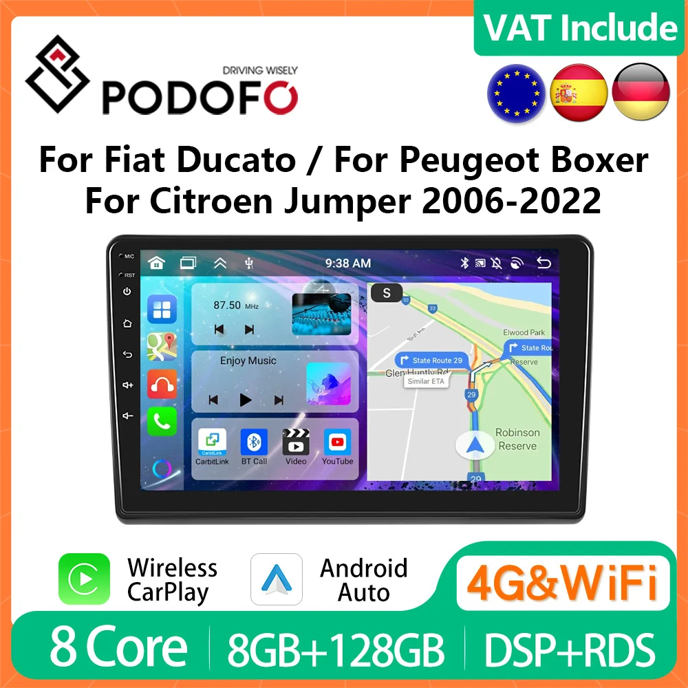 Podofo 4G CarPlay Android Radio For Fiat Ducato Peugeot Boxer 2006-2022 Car Multimedia Player Head Unit GPS Stereo Autoradio IPS