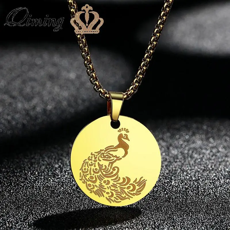 QIMING Dainty Peacock Pendant Necklace For Women Cute Animal Bird Ethnic Jewelry Boho Stainless Steel Necklace