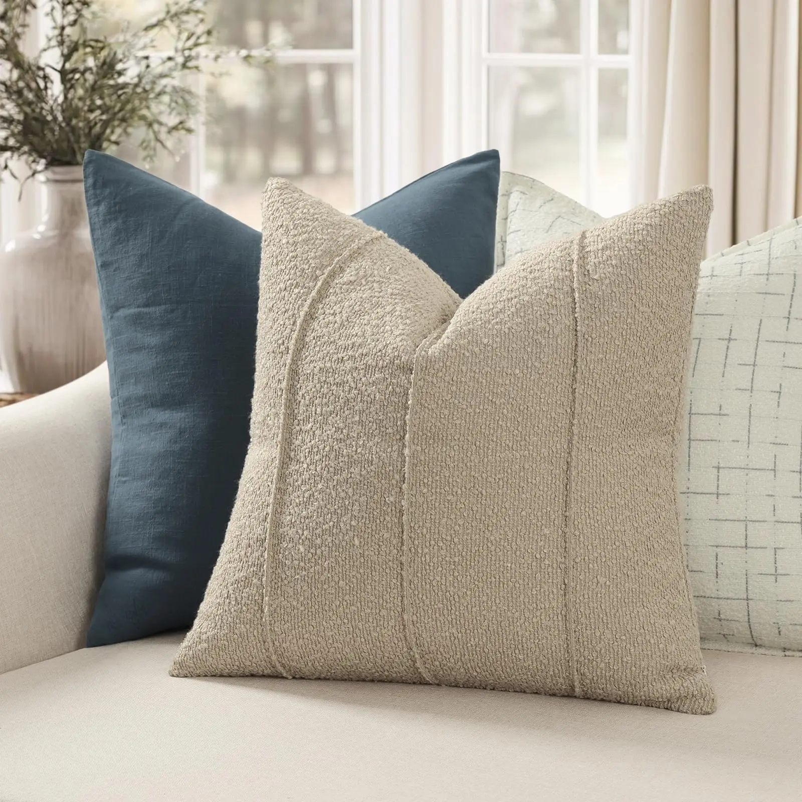 Textured Boucle Throw Pillow Covers 18x18 Pack of 2 - Soft Neutral Striped Cushion Covers, Cozy Accent Decorative Pillow Covers