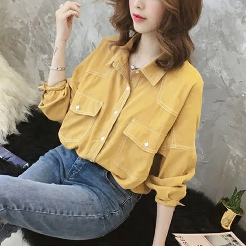 Women\'s Autumn Fashion Simplicity Solid Color Long Sleeve Shirts Women Clothes Vintage All-match Temperament Casual Loose Tops