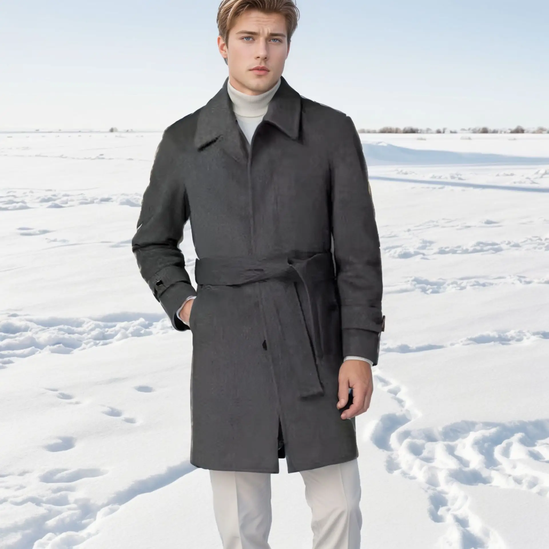 

Men's Woolen Coat Casual Mid-Length Belted oulder Insertion Notch Collar Winter Faion Outerwear for Youth Commute