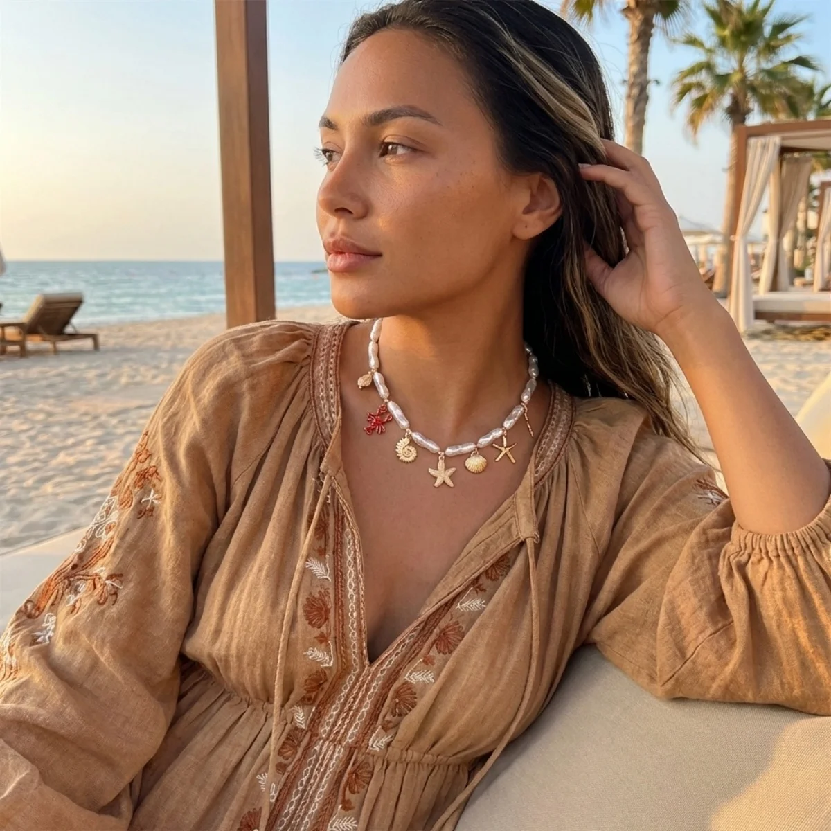 

Boho Starfish Shell Conch Seahorse Lobster Pendant Necklace For Women Men Irregular Imitation Pearl Ocean Beach Choker Jewelry