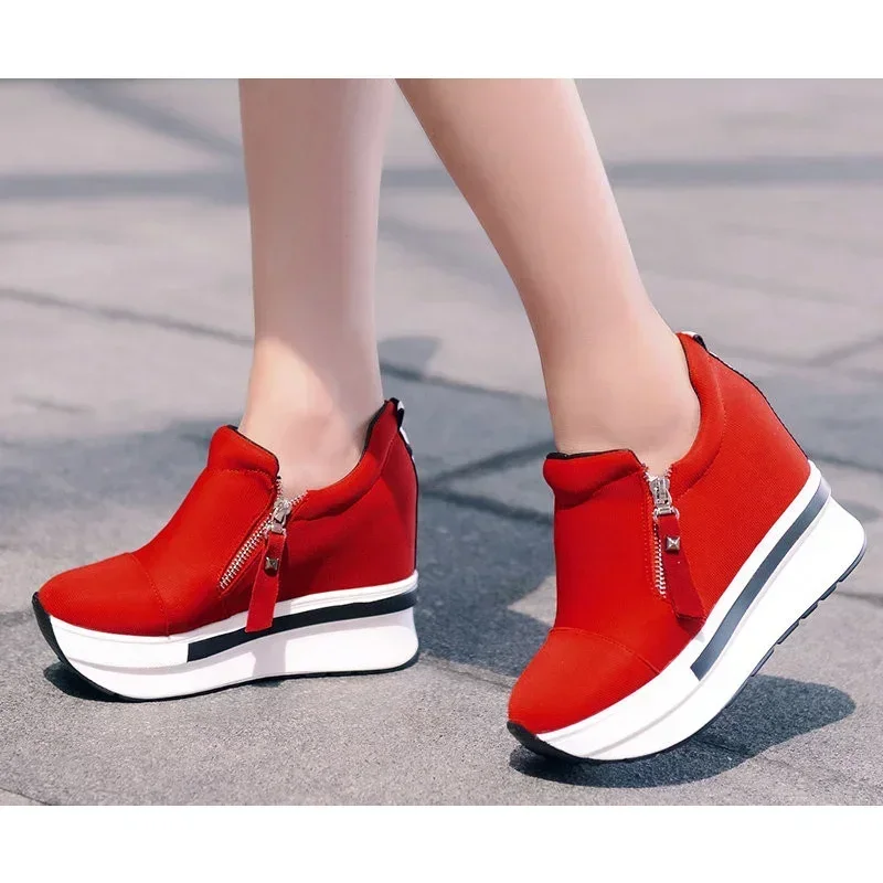 Platform Sneakers Women Red Casual Comfortable Hidden Heel Shoe Black Canvas Shoes Wedge Heels Sneaker Tenis Zapatos Mujer