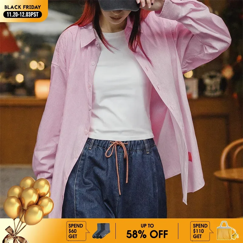 Maden Women's Spring Casual Pink and White Striped Hollow Out Shirt Oversized Long Sleeve Vacation Blouse Single Breasted Shirt