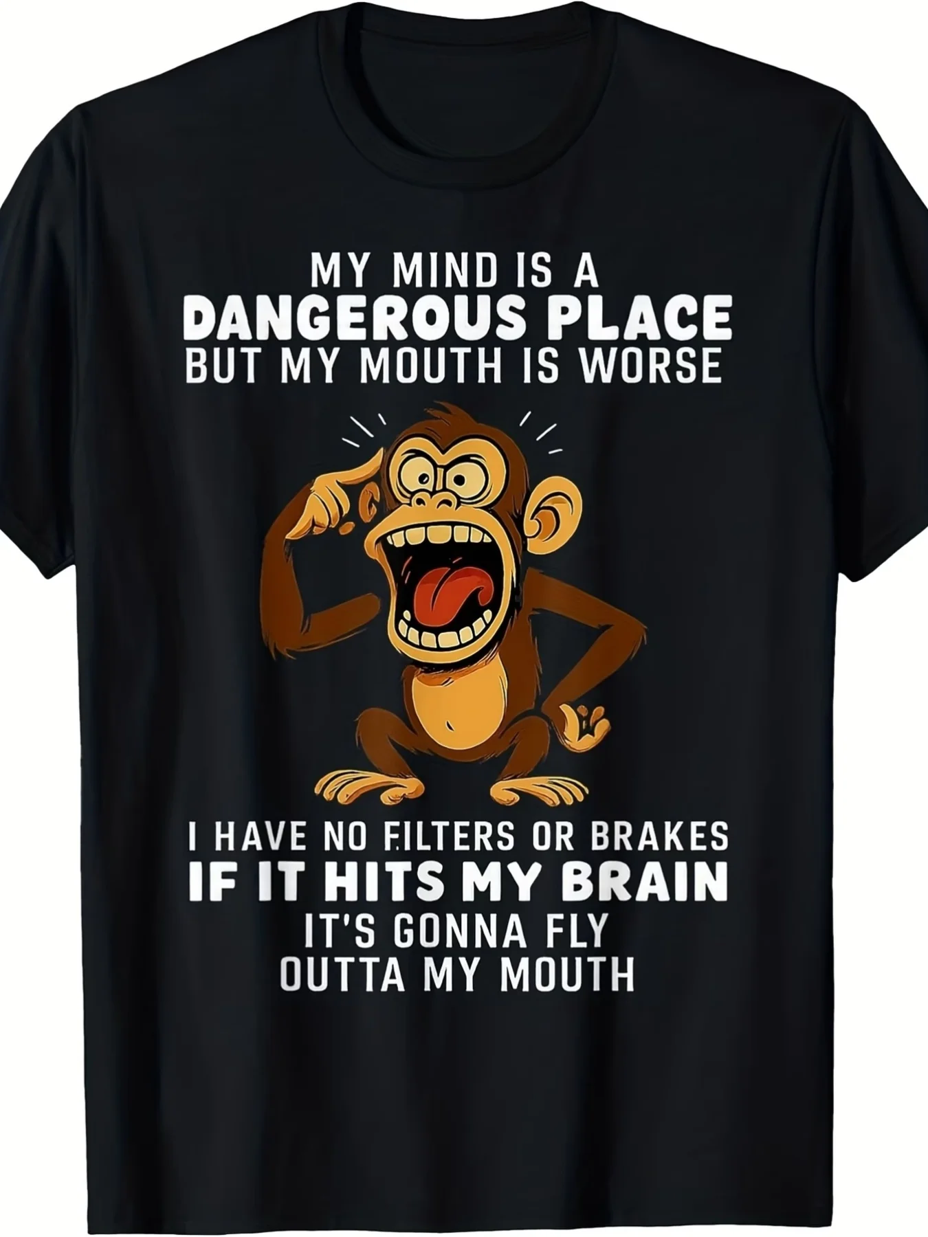 Fun Black T-shirt, Featuring A Humorous Monkey Pattern and Playful Text, 'My Brain Is A Danger Zone, But My Mouth Is Worse', with Cartoon Monkey Illustrations, Perfect for Casual Wear and Expressing Individuality, A Great Gift for People Who Love Humor