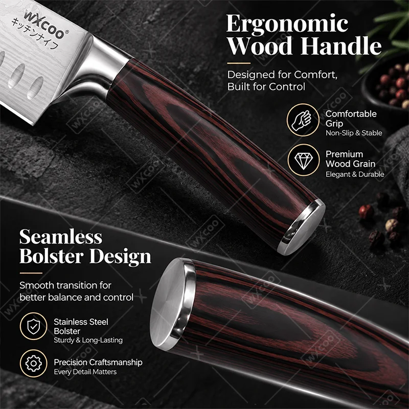 Cuchillo de cocina profesional tipo Santoku, de acero inoxidable, con mango de madera, ideal para el uso doméstico y la preparación de alimentos, se entrega en una caja de regalo.