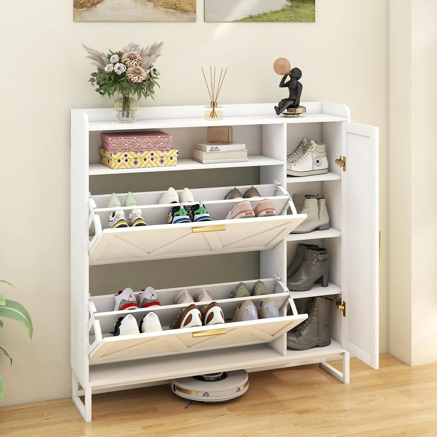 

White Shoe Storage Cabinet with 2 Adjustable Flip Drawers, Farmhouse Entryway Shoe Organizer, Narrow Shoe Cabinet Storage for En