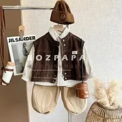 Children's Spring Autumn Set 2026 New Boy Kid Korean Children's Corduroy Vest+Cotton Shirt+Pants Casual Baby 3-Piece Set Outfits