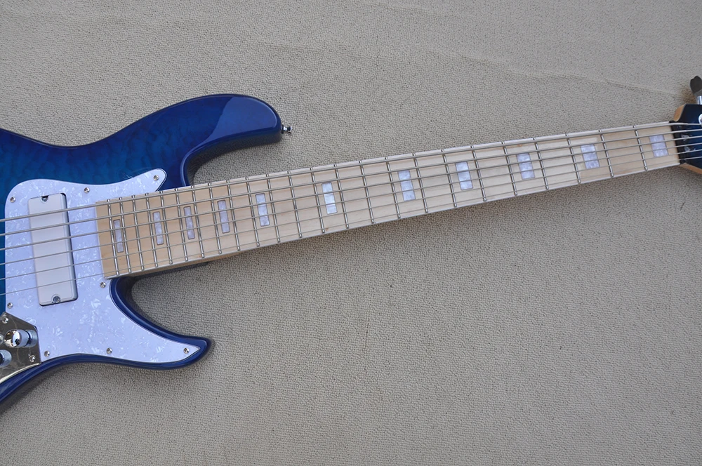 6 Strings Blue Ash Electric Bass Guitar with Maple Fretboard,Flame Maple Veneer,Customized Logo/Color Available