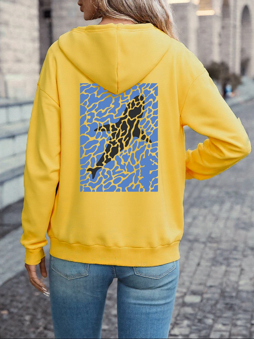 바다의 돌고래 인쇄 후드티 여성 겨울 양털 따뜻한 풀오버 캐주얼 포켓 스웨트 셔츠 기본 편안한 여성 의류