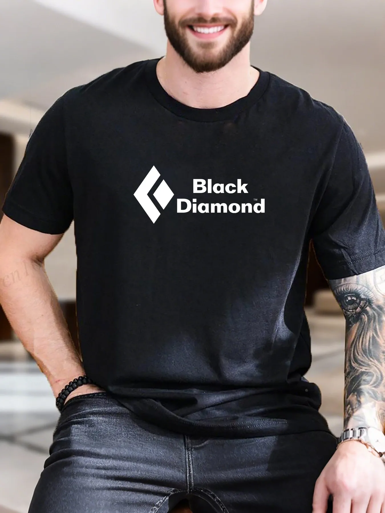 

Men's Graphic Print Short Sleeve T-Shirt - Black Diamond Logo Design, 100% Cotton Soft & Breathable, Casual Stylish Tee, Trendy