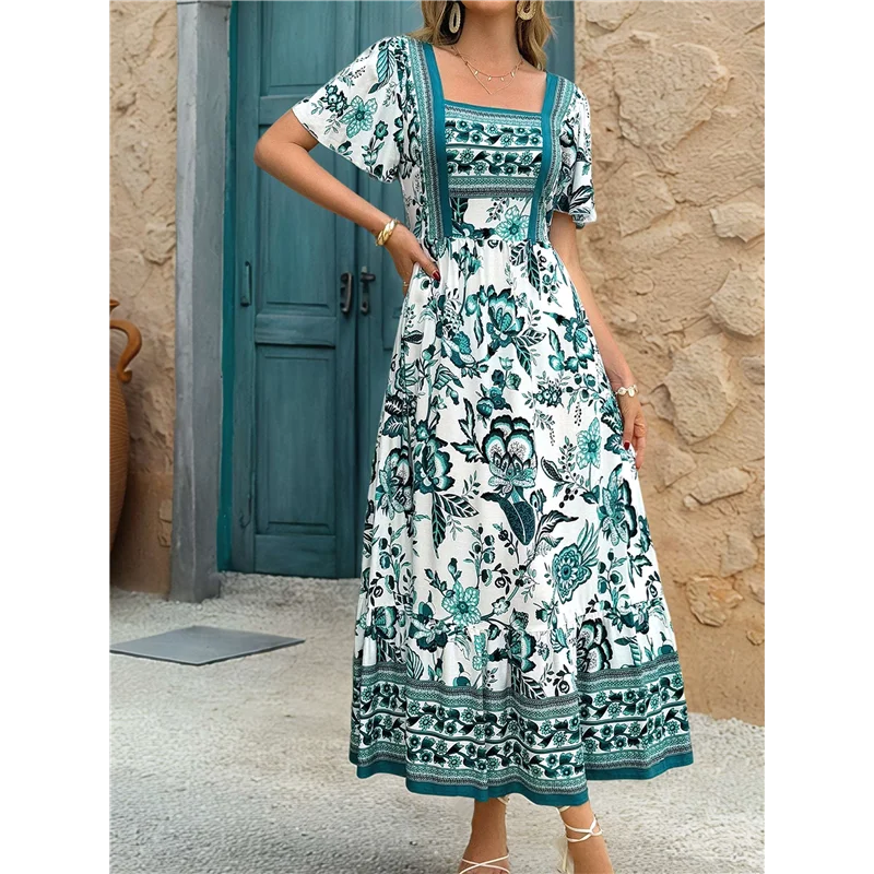 A83F-Mulher 2025 verão manga curta boho estampa floral em camadas casual flowy longo maxi vestido