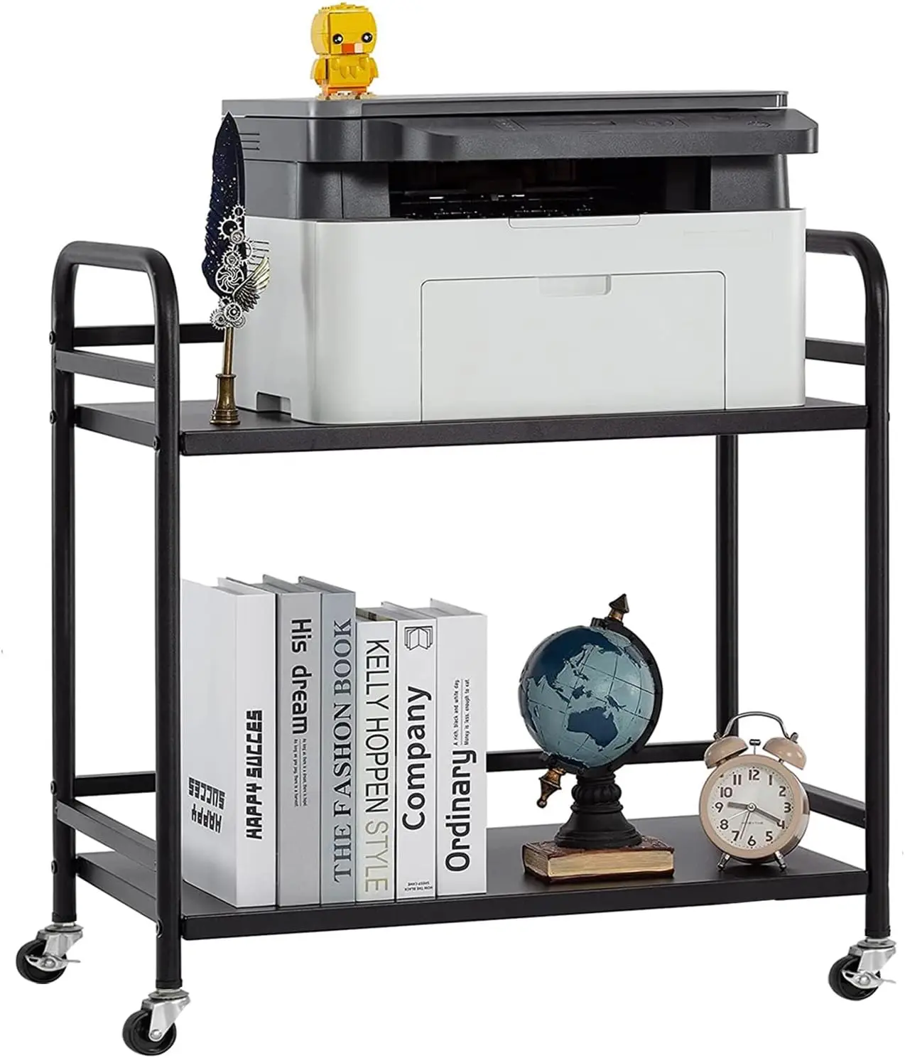 2 Tier Under Desk Printer Stand with Storage, Metal Rolling Utility Cart with Wheels for Home Office, Black