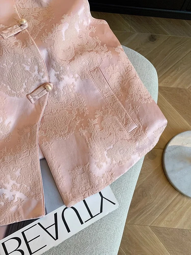 달콤한 핑크색 중국식 자수 조끼 남녀 봄 가을 고품질 민족 스타일 어깨 패드 레이어드...