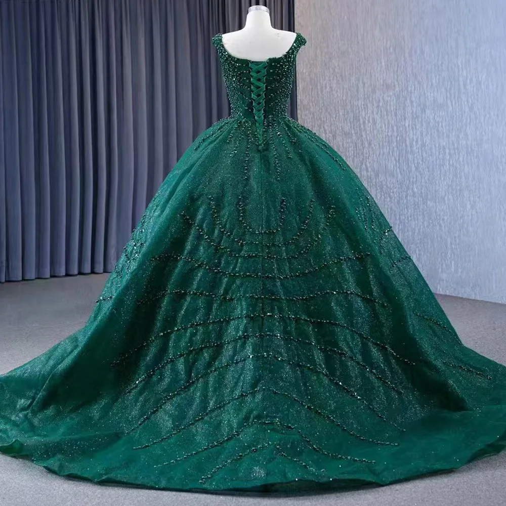 Vestido de noche verde sin mangas personalizado con cordones en la espalda con lentejuelas y perlas con cuello redondo para mujer