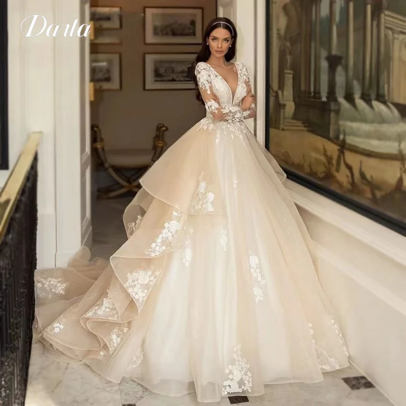 Moeden Lace Tulle Wedding Dress Ball Gown Deep V Neck Long Sleeve Dresses For Woman Embroidery Flowers Button Pleat Bride Robe