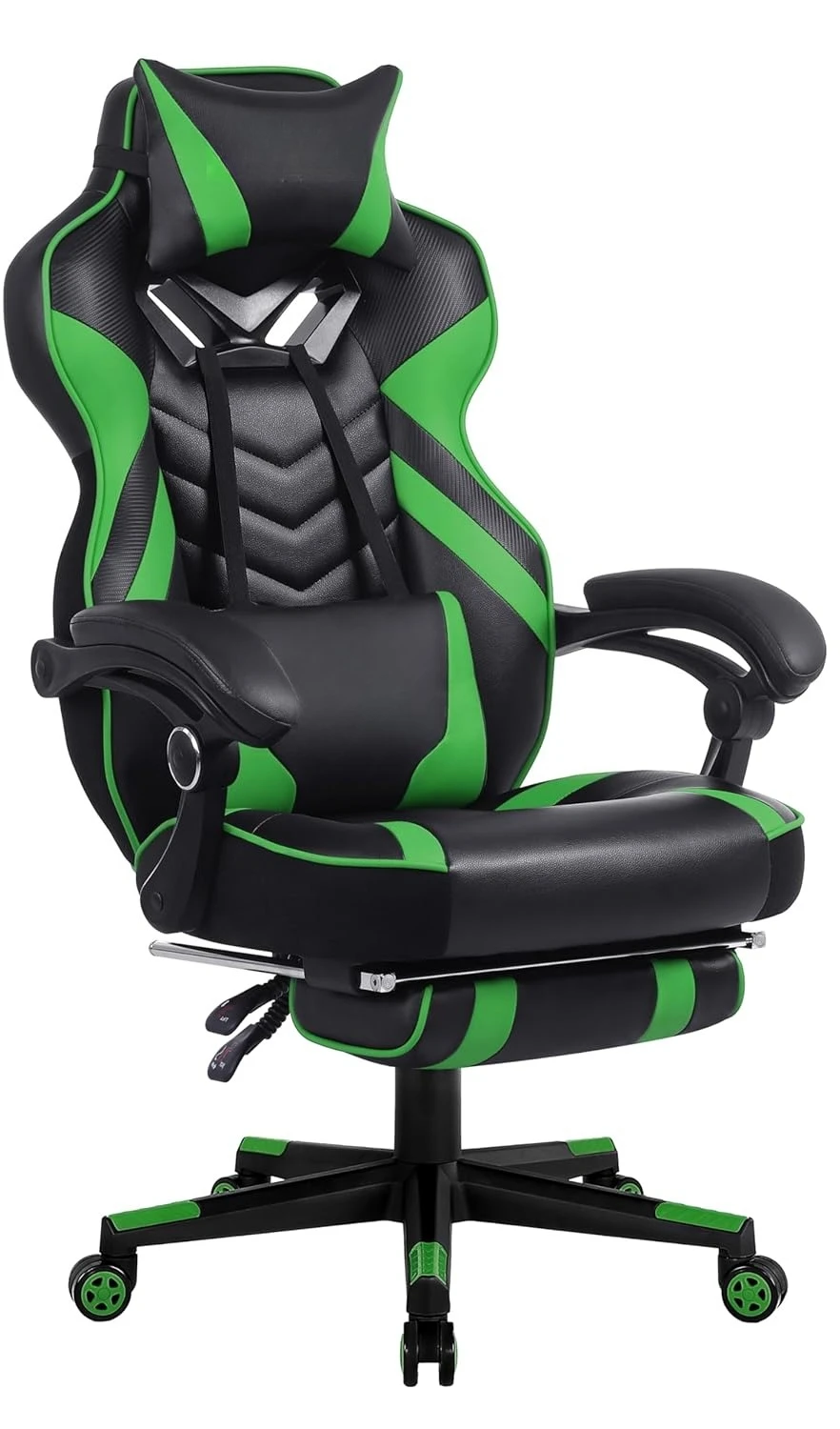 Großer Gaming-Stuhl mit Fußstütze, Massage, Lendenwirbelstütze, hoher Rückenlehne, Taschenfederkern, für Büro und Zuhause, Grün-Schwarz, individuell anpassbar