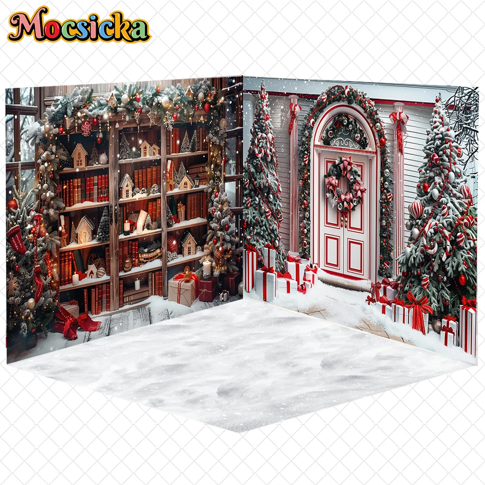 

Mocsicka Christmas Backdrop Winter Snow Xmas Tree Bookshelf Door Decoration New Year Party Kid Photo Background Studio Wallpaper