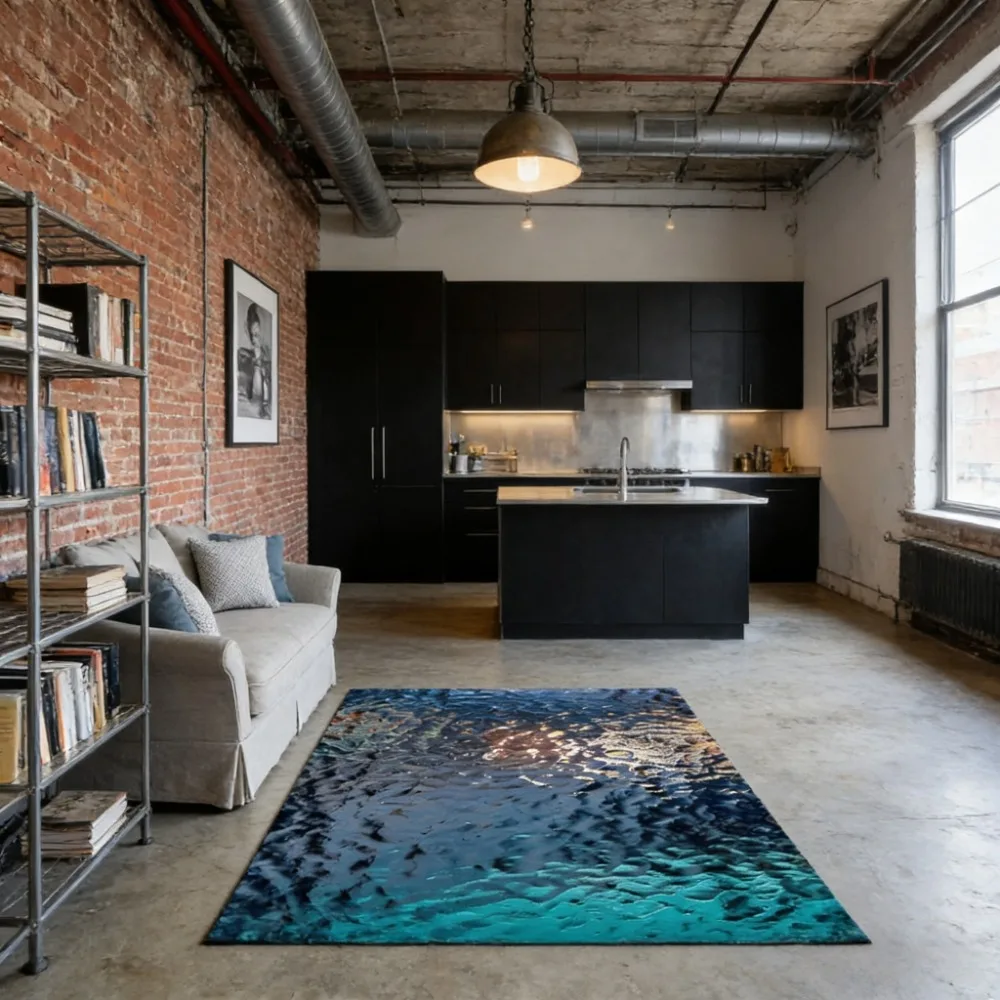 Ocean Wave Design Decor Rug, Machine Washable Non‑Slip Large Durable Floor Mat for Under Bed, Indoor & Outdoor